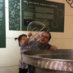 A little girl blowing a huge bubble.